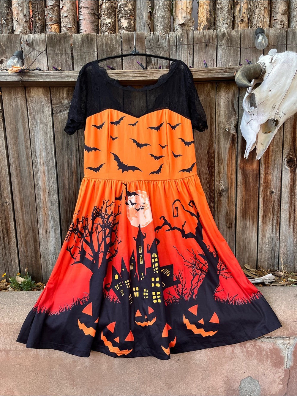 Halloween Pumpkin & Bats Dress - Black & Orange